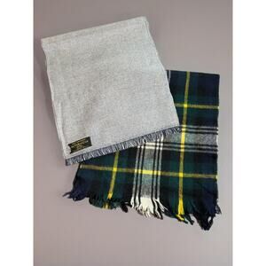 Lot Of Two Vintage Wool Scarves Australian Wool Made In USA Green Plaid Grey